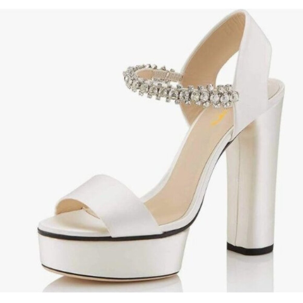 XYD Ivory Sexy Open Toe Strappy Platform Rhinestone Slingback High Heel Sandals